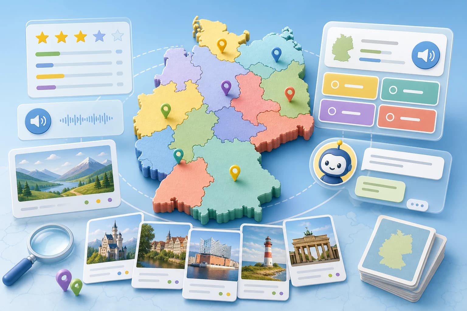 Concept-Art des Bundesländer-Entdeckers mit interaktiver Deutschlandkarte und Quizkarten